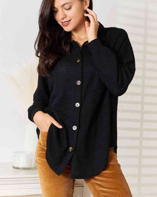 Double Take Waffle-Knit Collared Neck Dropped Shoulder Women Shirt - Zara-Craft