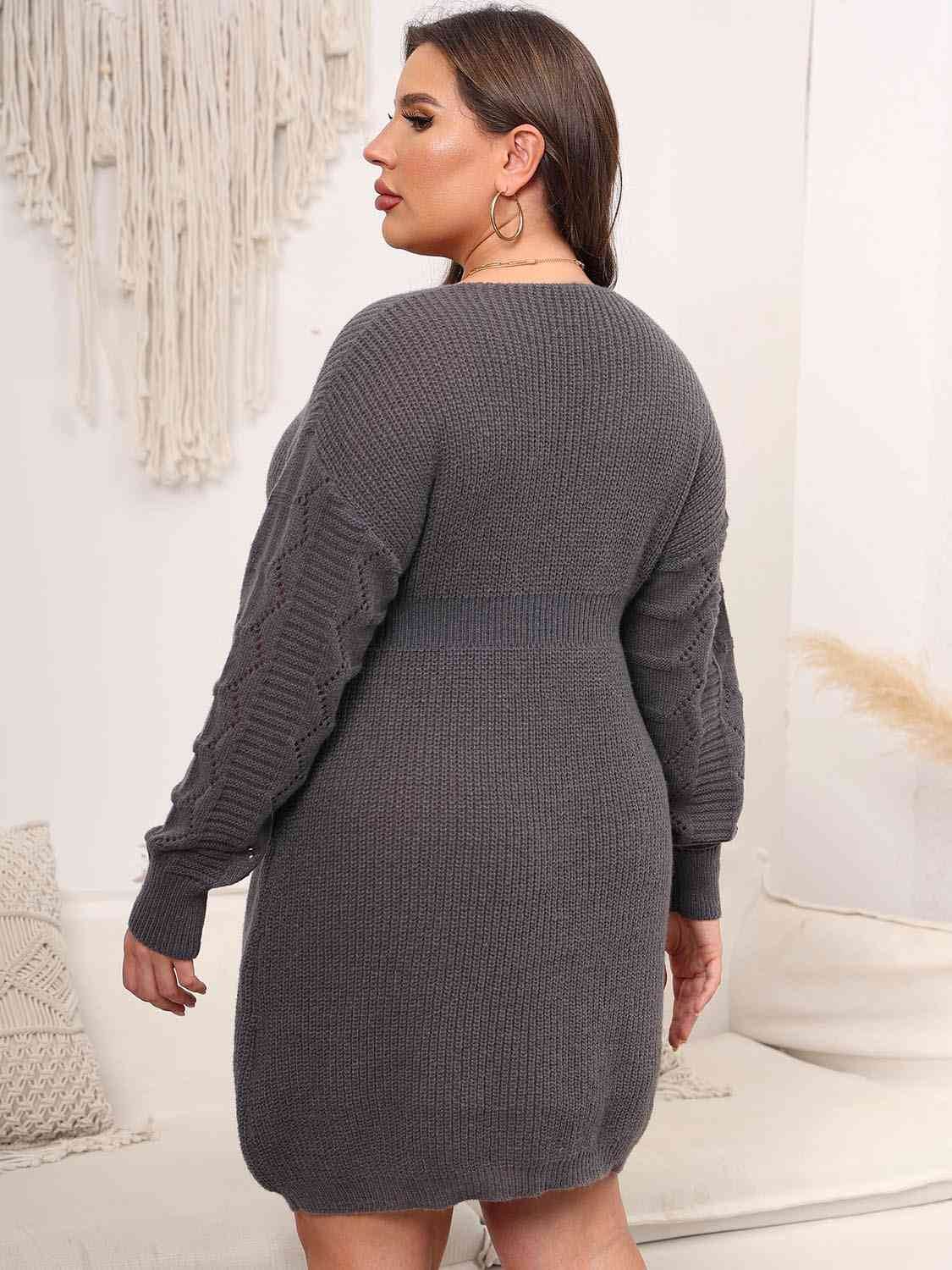 Plus Size Dropped Shoulder Long Sleeve Knit Women Mini Dress - Zara-Craft