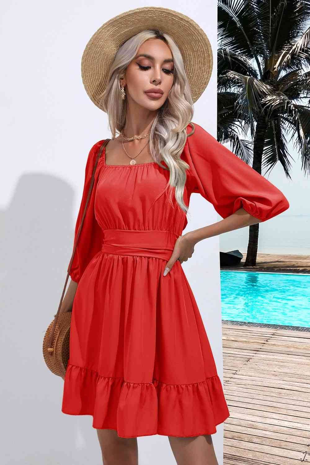 Square Necktie Back Ruffle Hem Women Dress Blush Pink / S Square Necktie Back Ruffle Hem Women Dress Blush Pink / S