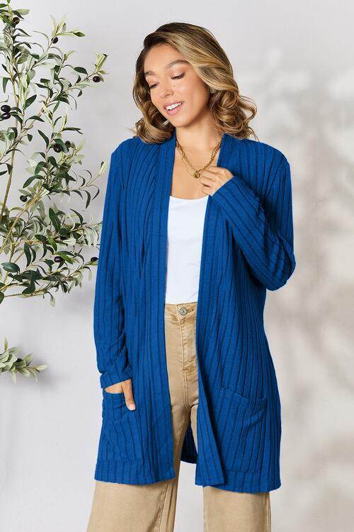 Basic Bae Full Size Ribbed Open Front Women Cardigan with Pockets - Zara-Craft