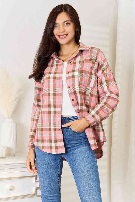 Double Take Plaid Collared Neck Long Sleeve Button-Up Women Shirt - Zara-Craft