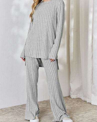 Basic Bae Full Size Ribbed High-Low Women Top and Wide Leg Pants Set - Zara-Craft