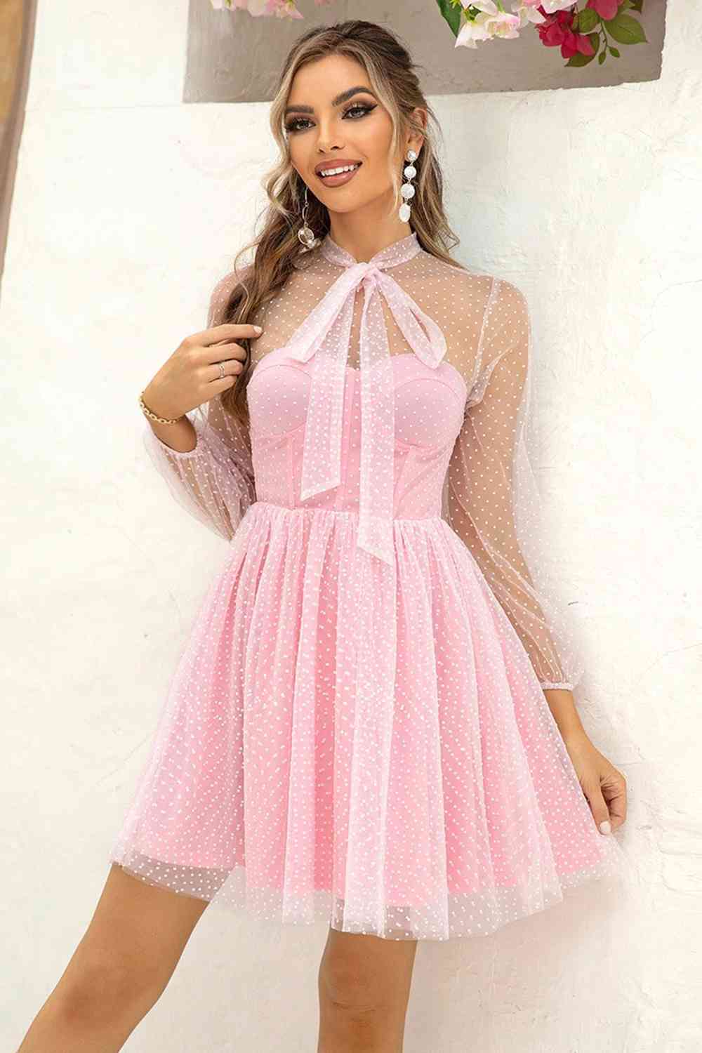 Ringing-N Tie Neck Open Back Mesh Women Dress