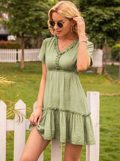 Frill V-Neck Short Sleeve Ruffle Hem Women Dress - Zara-Craft