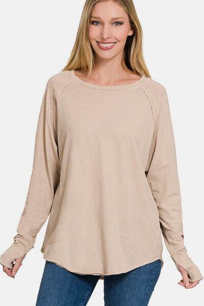 Zenana Round Neck Thumbhole Long Sleeve Women Top - Zara-Craft
