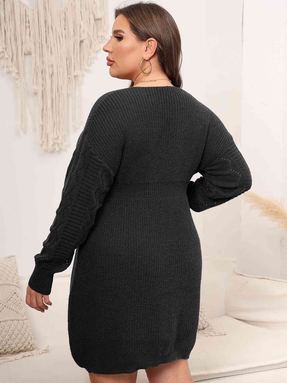 Plus Size Dropped Shoulder Long Sleeve Knit Women Mini Dress - Zara-Craft