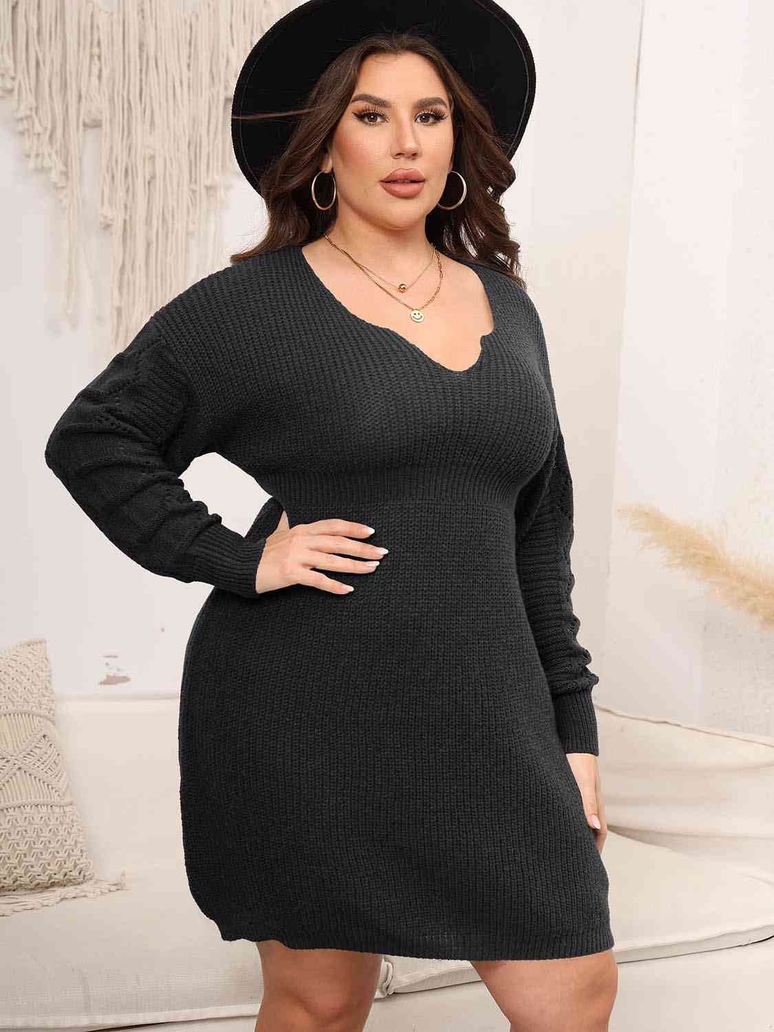 Plus Size Dropped Shoulder Long Sleeve Knit Women Mini Dress - Zara-Craft