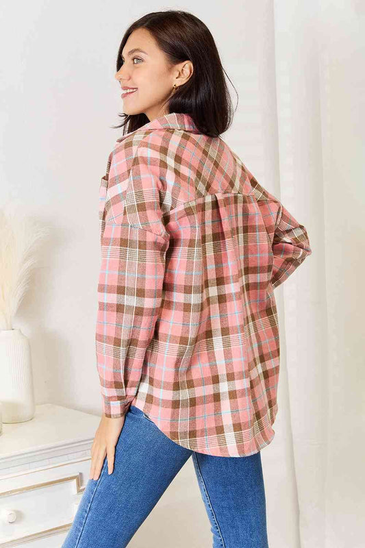Double Take Plaid Collared Neck Long Sleeve Button-Up Women Shirt - Zara-Craft