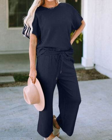 Double Take Full Size Texture Short Sleeve Women Top and Pants Set - Zara-Craft