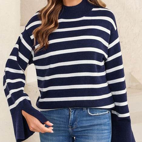 Striped Slit Drop Shoulder Women's Sweater - Zara-Craft