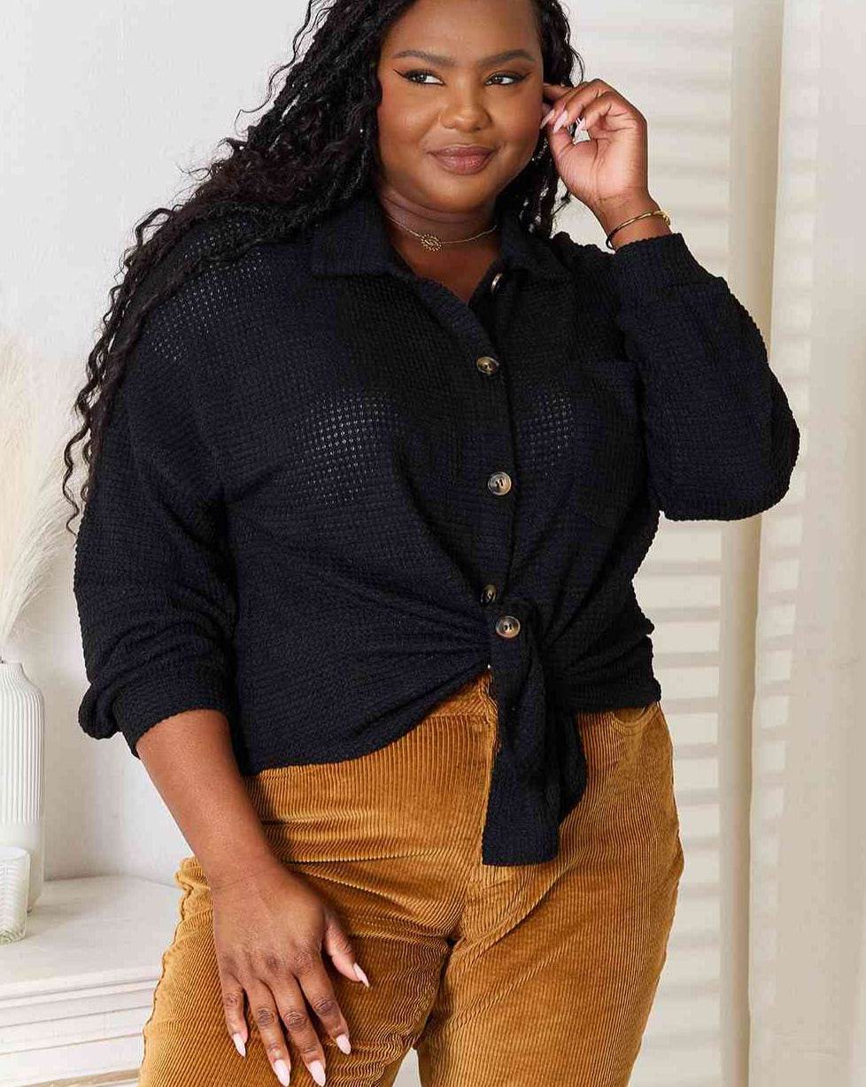 Double Take Waffle-Knit Collared Neck Dropped Shoulder Women Shirt Zara -Craft Double Take Waffle-Knit Collared Neck Dropped Shoulder Women Shirt Zara -Craft