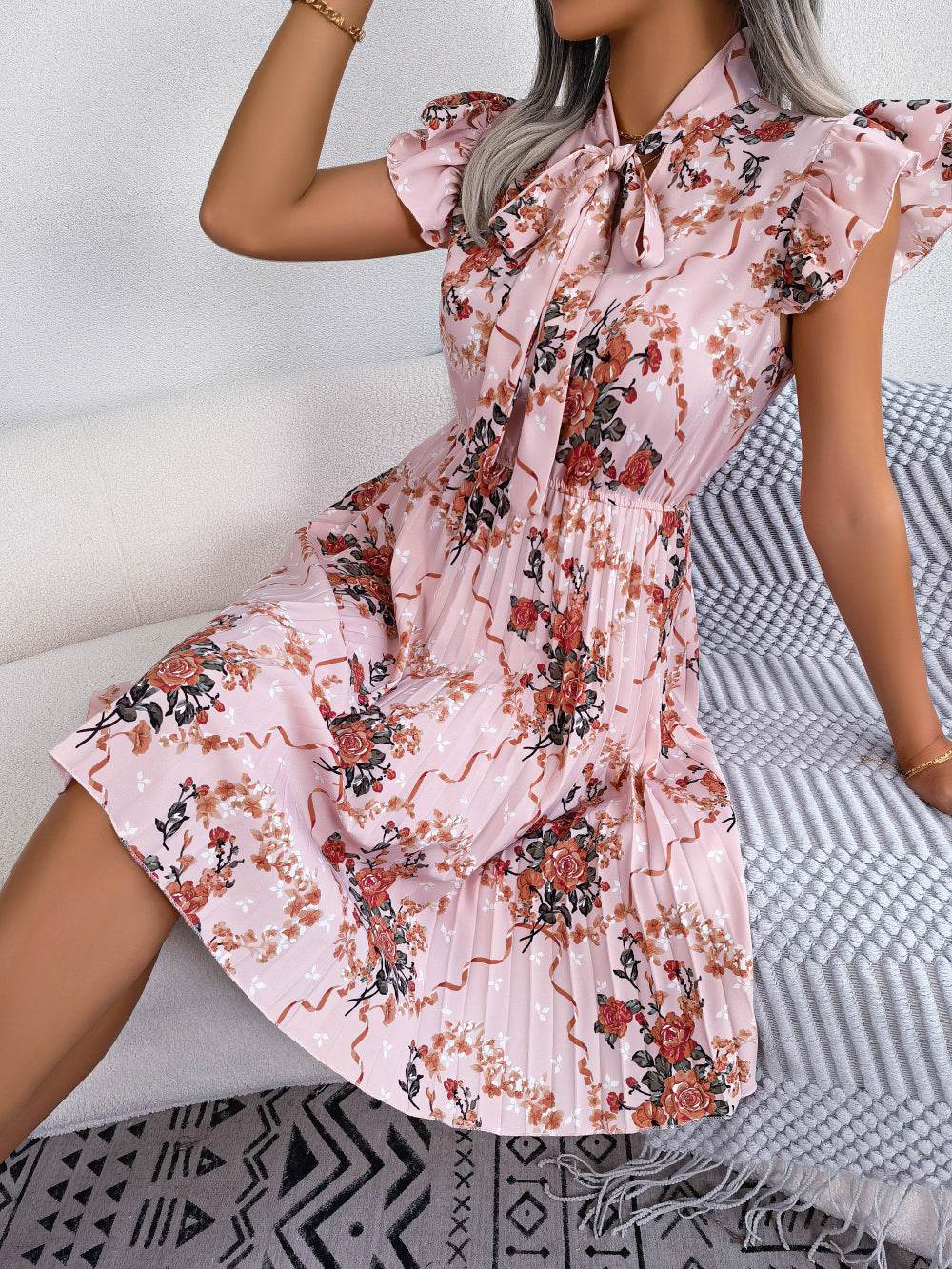 Pleated Floral Printed Tie Neck Knee Length Women Dress Zara-Craft Pleated Floral Printed Tie Neck Knee Length Women Dress Zara-Craft