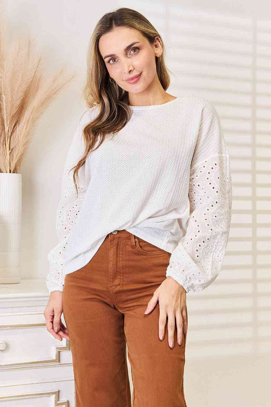 Shiny Eyelet Dropped Shoulder Round Neck Women Blouse - Zara-Craft