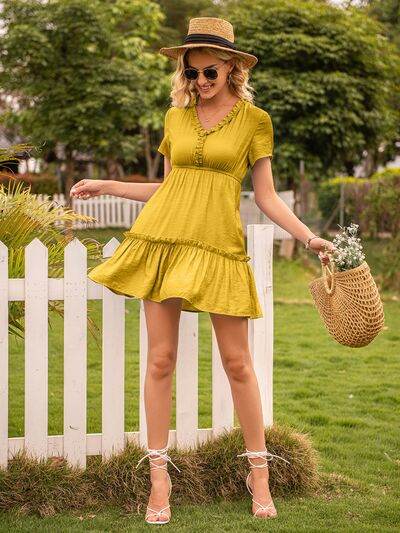 Frill V-Neck Short Sleeve Ruffle Hem Women Dress - Zara-Craft