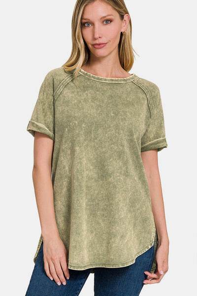 Zenana Heathered Round Neck Short Sleeve Blouse - Zara-Craft