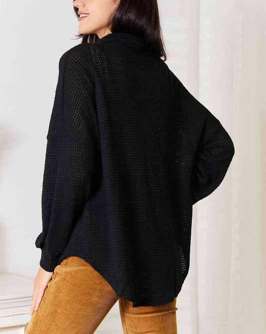 Double Take Waffle-Knit Collared Neck Dropped Shoulder Women Shirt - Zara-Craft