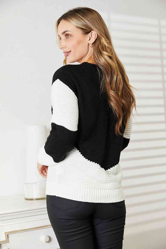Woven Right Two-Tone Openwork Rib-Knit Women Sweater - Zara-Craft