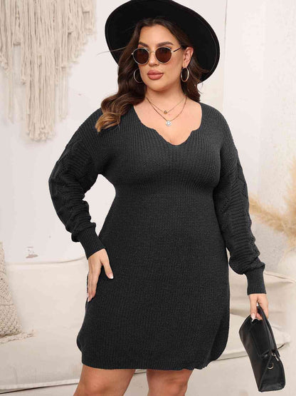 Plus Size Dropped Shoulder Long Sleeve Knit Women Mini Dress - Zara-Craft