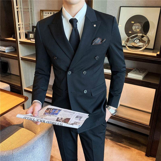 Spring Men's Business Fashion Suit Set - Solid Color, Double Buckle, Three-Piece, Four Seasons Dress - Zara-Craft