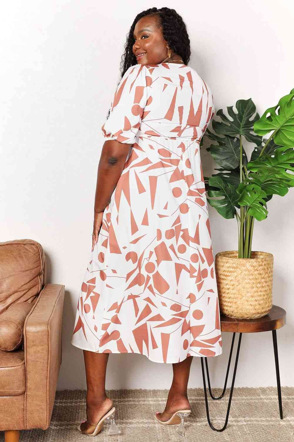 Double Take Printed Surplice Balloon Sleeve Women Dress - Camel / S Double Take Printed Surplice Balloon Sleeve Women Dress - Camel / S
