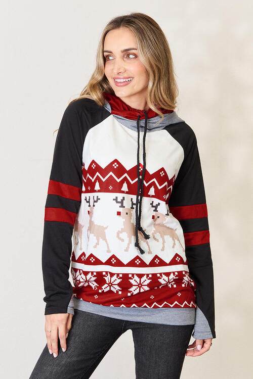 Double Take Full Size Christmas Drawstring Long Sleeve Women Hoodie - Zara-Craft
