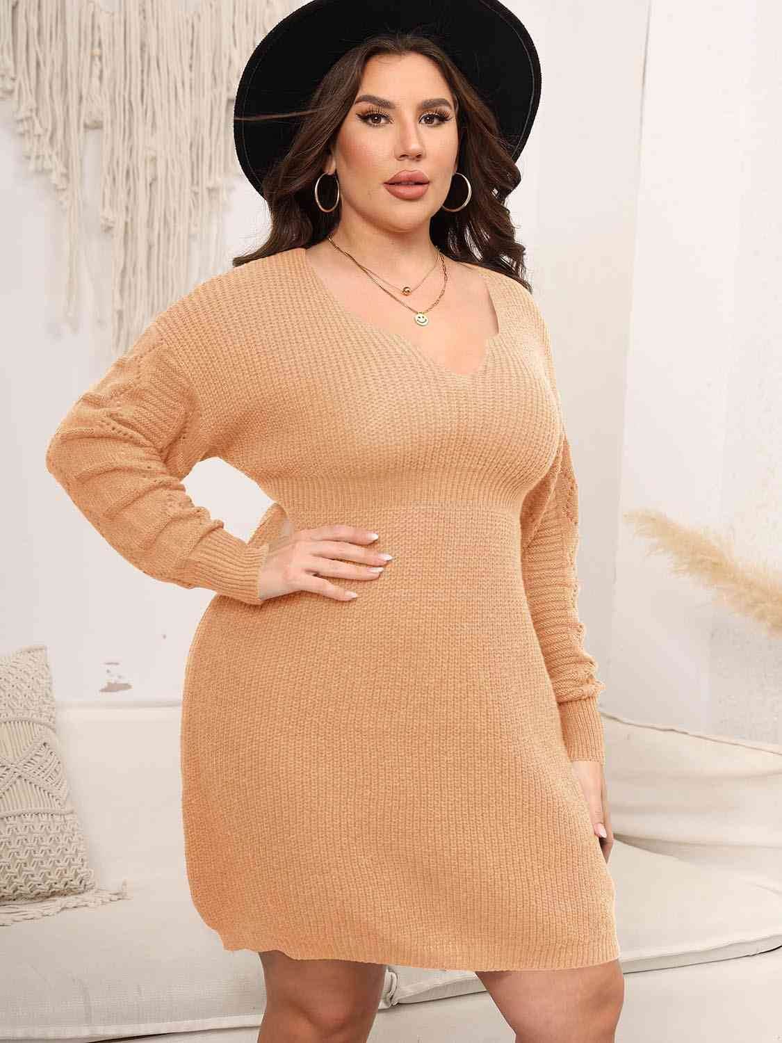 Plus Size Dropped Shoulder Long Sleeve Knit Women Mini Dress - Zara-Craft