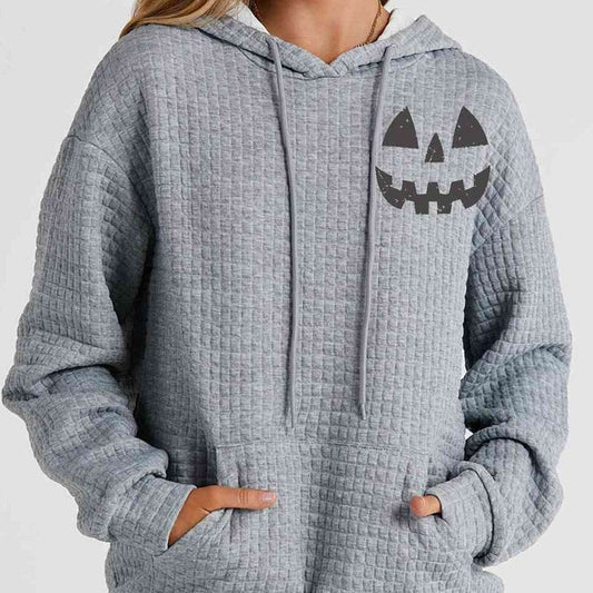 SYNZ Pumpkin Face Graphic Drawstring Women Hoodie with Pocket - Zara-Craft
