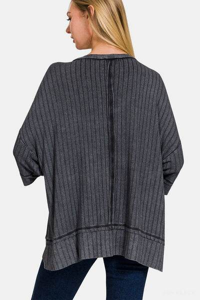 Zenana Washed Ribbed Drop Shoulder Half Sleeve Top - Zara-Craft