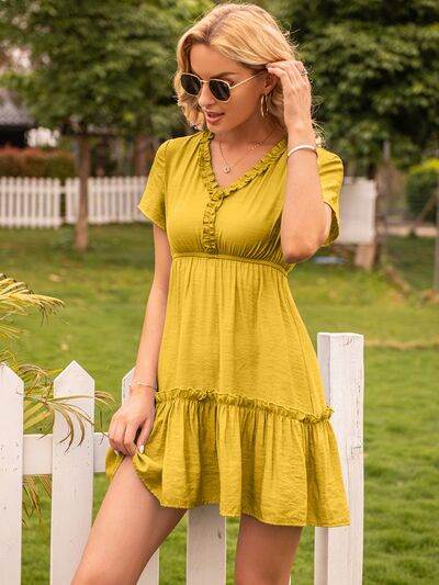 Frill V-Neck Short Sleeve Ruffle Hem Women Dress - Zara-Craft