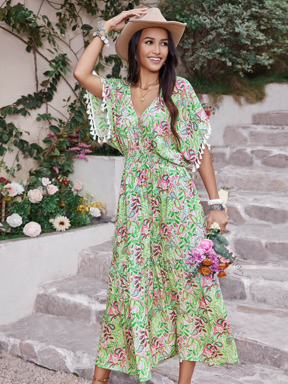 Smocked Floral V-Neck Short Sleeve Women Dress – Zara-Craft Smocked Floral V-Neck Short Sleeve Women Dress – Zara-Craft