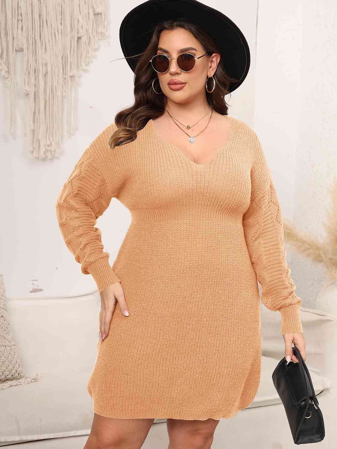 Plus Size Dropped Shoulder Long Sleeve Knit Women Mini Dress - Zara-Craft
