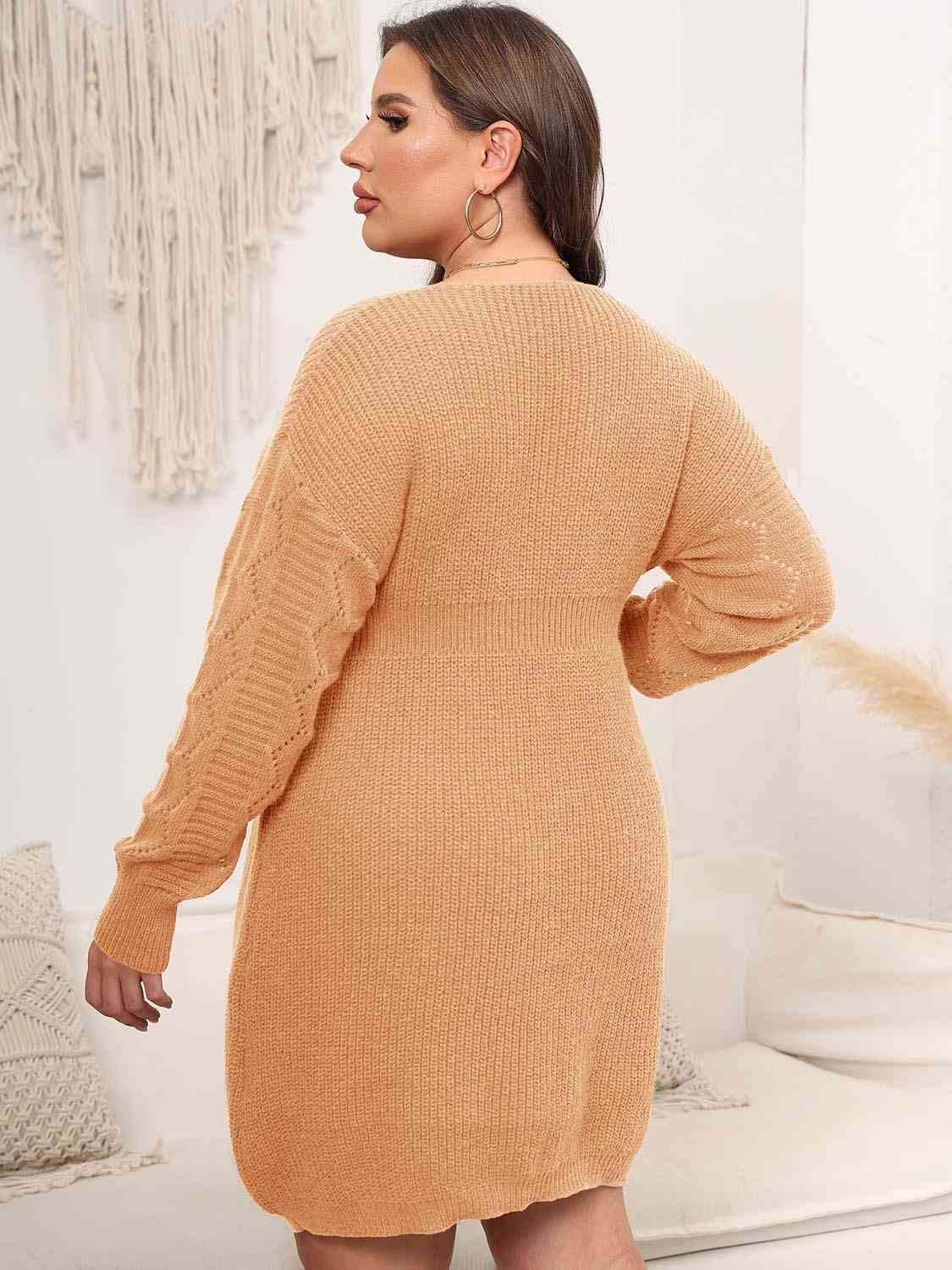 Plus Size Dropped Shoulder Long Sleeve Knit Women Mini Dress - Zara-Craft
