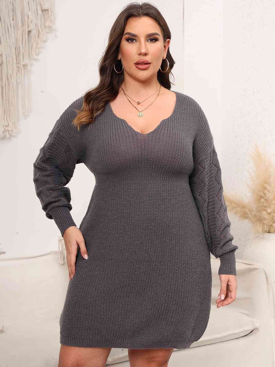 Plus Size Dropped Shoulder Long Sleeve Knit Women Mini Dress - Zara-Craft