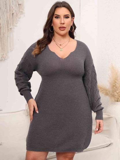 Plus Size Dropped Shoulder Long Sleeve Knit Women Mini Dress - Zara-Craft