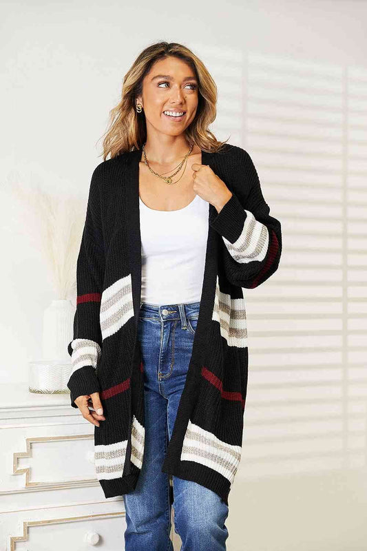 Double Take Striped Rib-Knit Drop Shoulder Open Front Women Cardigan - Zara-Craft