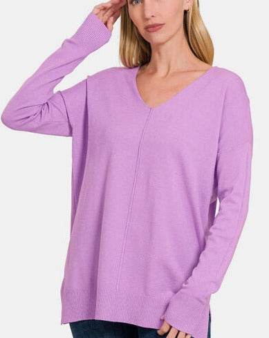 Zenana Slit V-Neck Dropped Shoulder Women Sweater - Zara-Craft