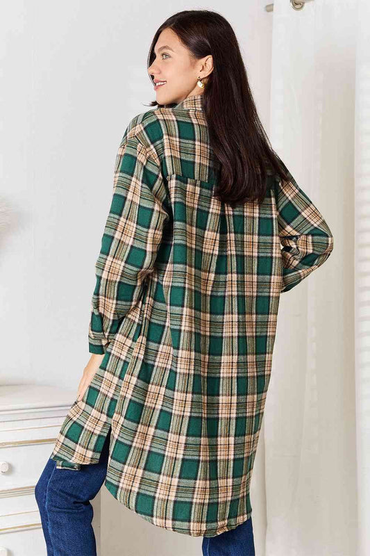 Double Take Plaid Collared Neck Long Sleeve Women Shirt - Zara-Craft