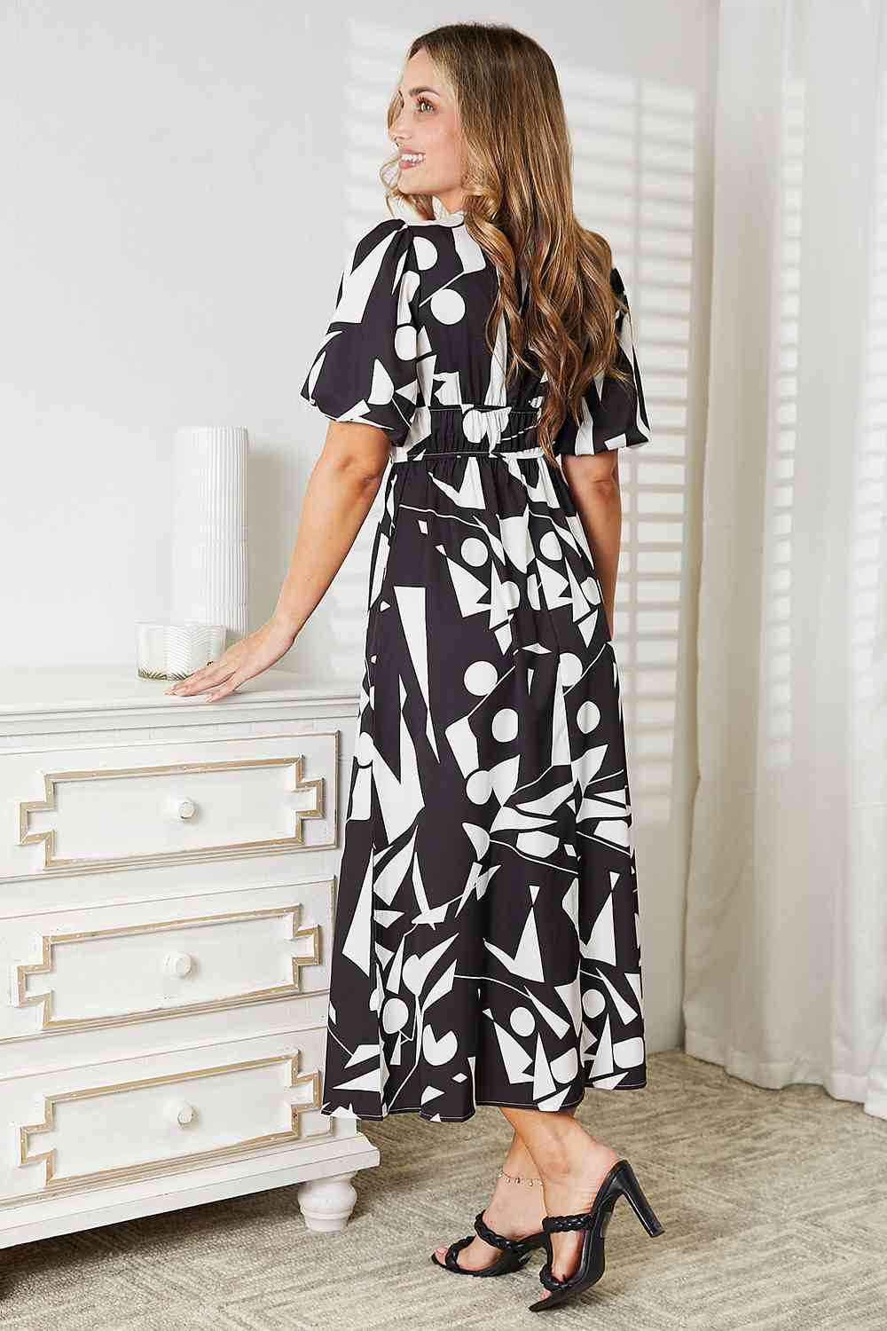 Double Take Printed Surplice Balloon Sleeve Women Dress - Camel / S Double Take Printed Surplice Balloon Sleeve Women Dress - Camel / S